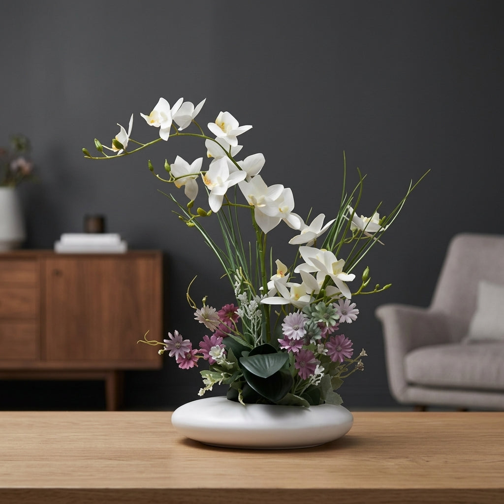 Elegant Ceramic Dove Vase with Orchid Faux Flowers for Effortless Decor