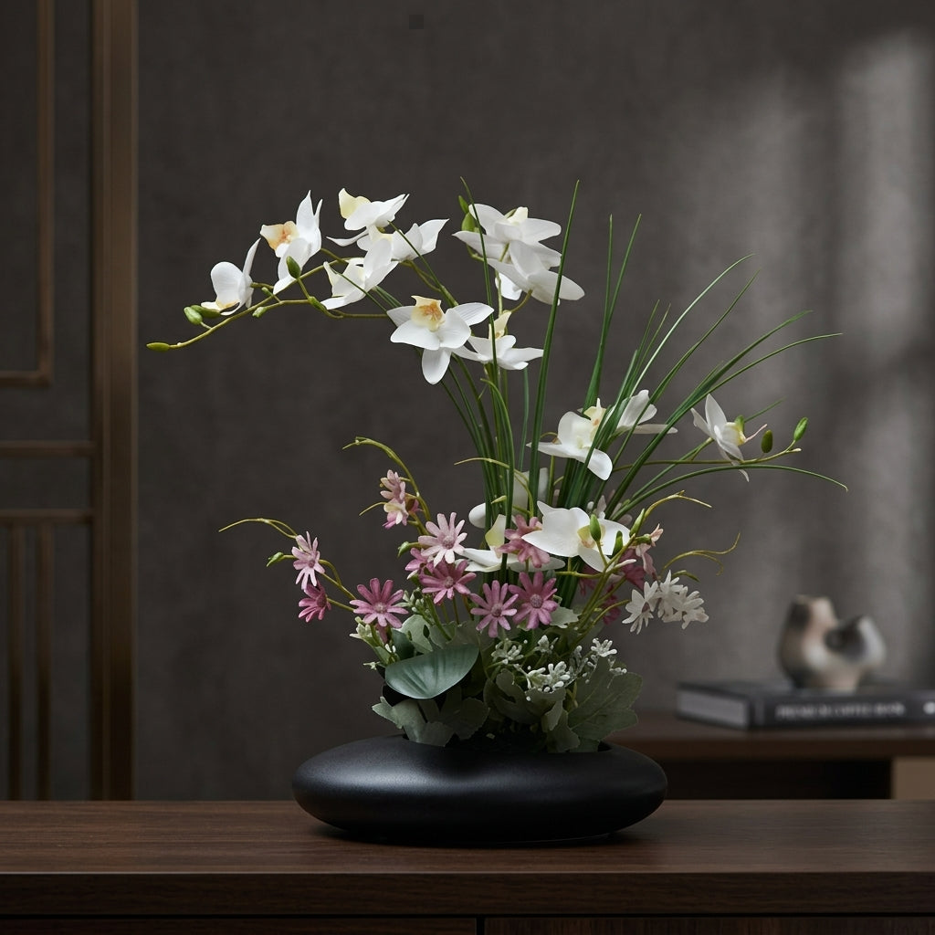 Elegant Ceramic Dove Vase with Orchid Faux Flowers for Effortless Decor
